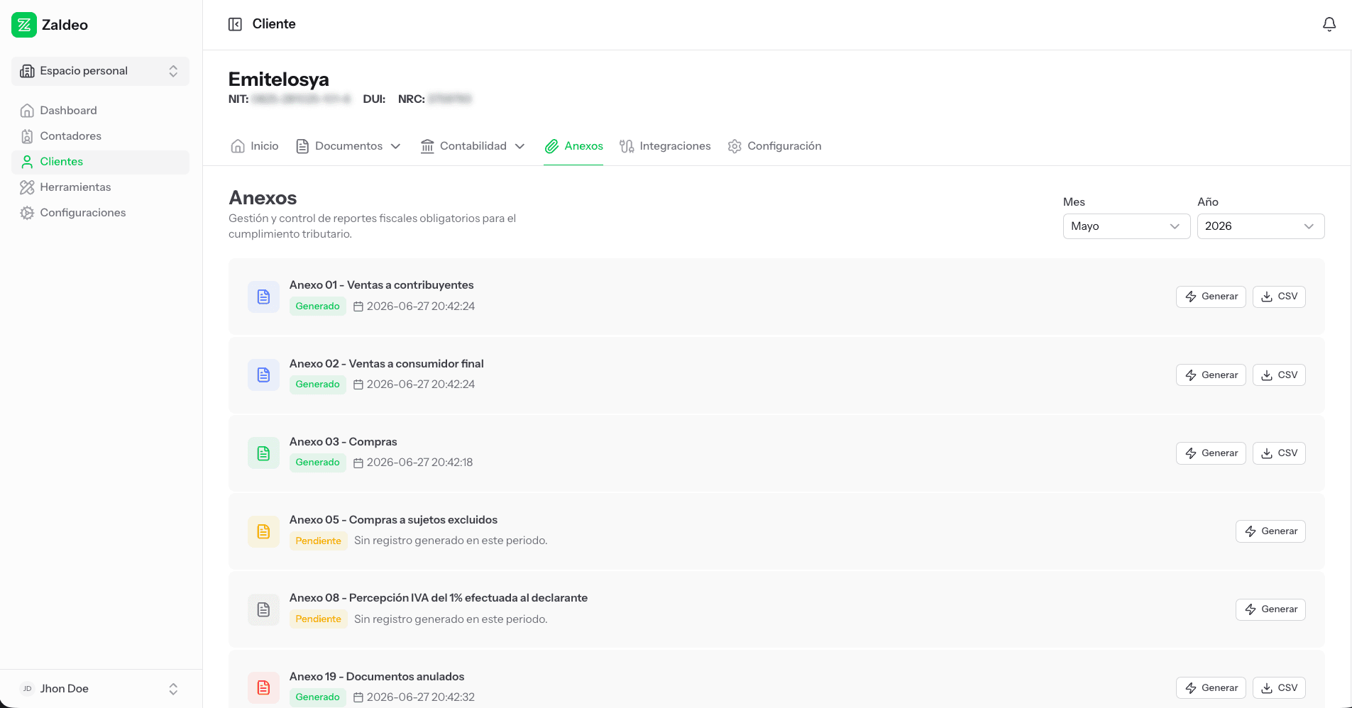 Zaldeo - Panel principal de gestión de documentos tributarios electrónicos DTE